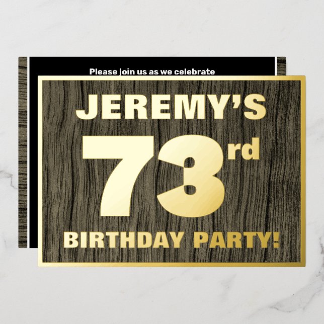 73rd Birthday Party: Bold, Faux Wood Grain Pattern Foil Invitation (Front/Back)