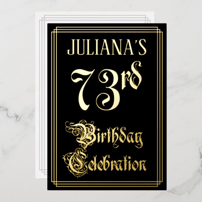73rd Birthday Party — Fancy Script & Custom Name Foil Invitation (Front/Back)