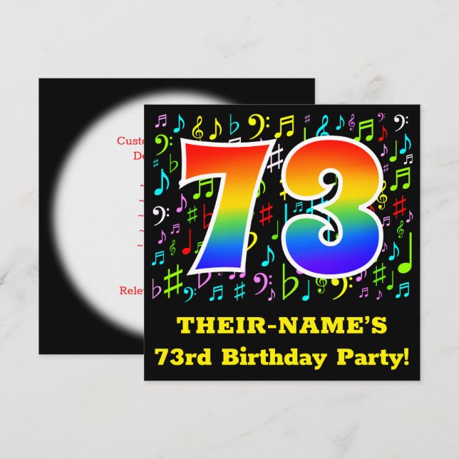 73rd Birthday Party: Fun Music Symbols, Rainbow 73 Invitation (Front/Back)