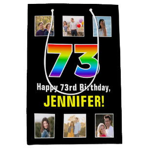 73rd Birthday: Rainbow “73“, Custom Photos & Name Medium Gift Bag