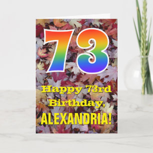 73rd Birthday; Rustic Autumn Leaves; Rainbow "73" Card