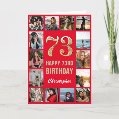 73rd Happy Birthday Red and Gold Photo Collage Card