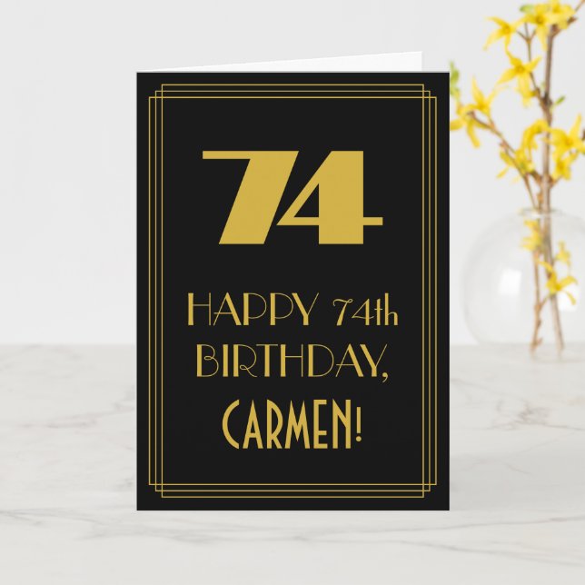 74th Birthday – Art Deco Inspired Look "74" & Name Card (Yellow Flower)