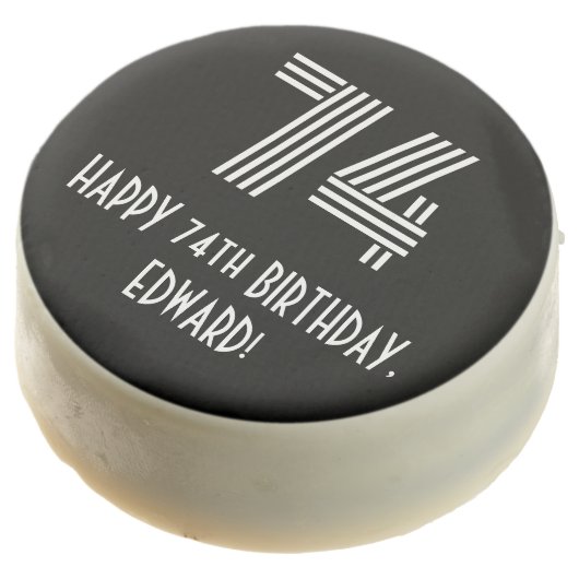 74th Birthday - Art Deco Inspired Look "74", Name Chocolate Covered Oreo (Angled)