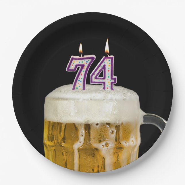 74th Birthday Beer on black Paper Plate (Front)