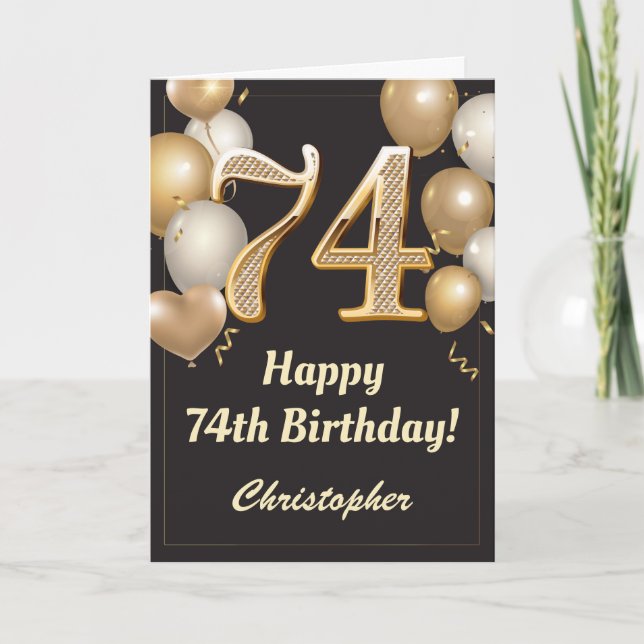 74th Birthday Black and Gold Balloons Confetti Card (Front)