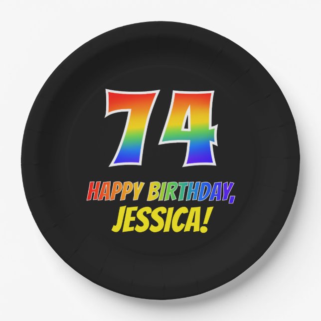 74th Birthday: Bold, Fun, Simple, Rainbow 74 Paper Plates (Front)