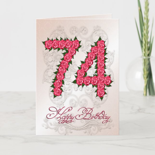 74th birthday card with roses and leaves (Front)