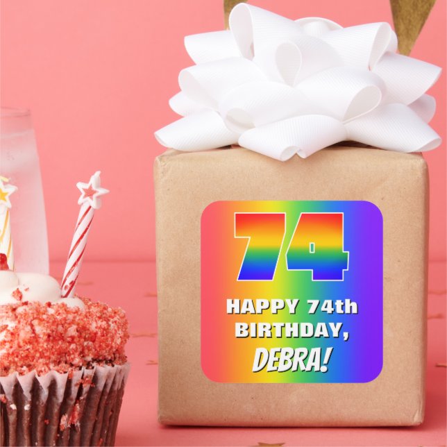 74th Birthday: Colorful, Fun Rainbow Pattern # 74 Square Sticker (Party)
