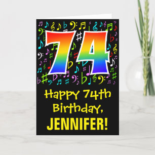 74th Birthday: Colorful Music Symbols + Rainbow 74 Card