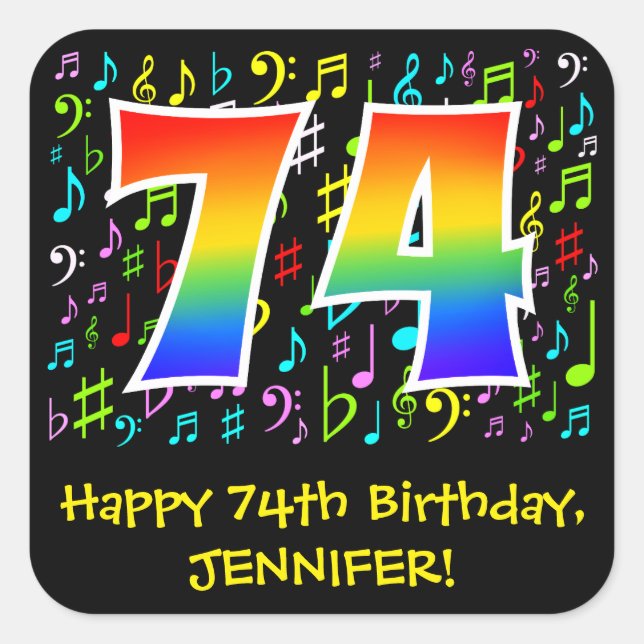 74th Birthday: Colorful Music Symbols, Rainbow 74 Square Sticker (Front)