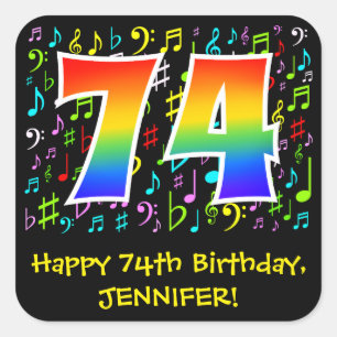 74th Birthday: Colorful Music Symbols, Rainbow 74 Square Sticker