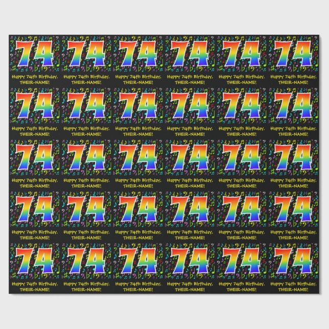 74th Birthday: Colorful Music Symbols, Rainbow 74 Wrapping Paper (Flat)