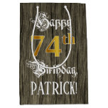 [ Thumbnail: 74th Birthday: Faux Gold Look & Faux Wood Pattern Gift Bag ]