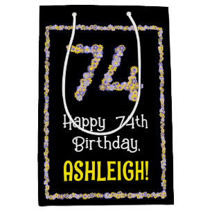 74th Birthday: Floral Flowers Number, Custom Name Medium Gift Bag