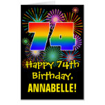[ Thumbnail: 74th Birthday: Fun Fireworks Pattern & Rainbow 74 Card ]