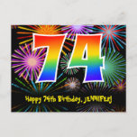 [ Thumbnail: 74th Birthday – Fun Fireworks Pattern + Rainbow 74 Postcard ]