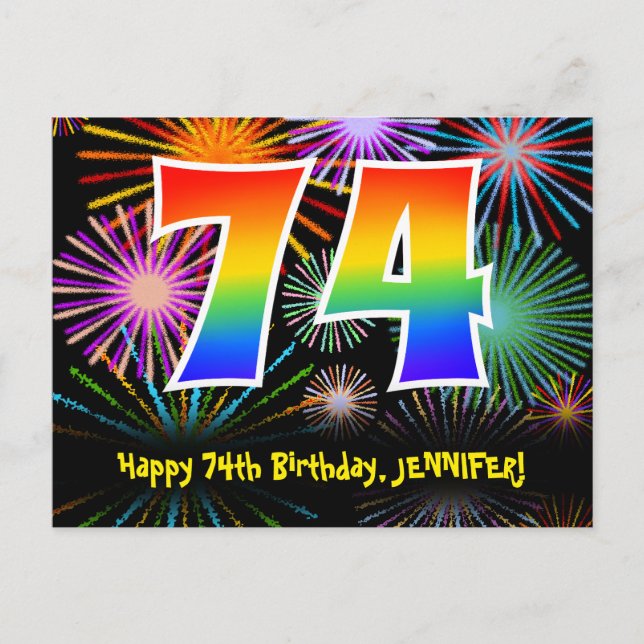 74th Birthday – Fun Fireworks Pattern + Rainbow 74 Postcard (Front)