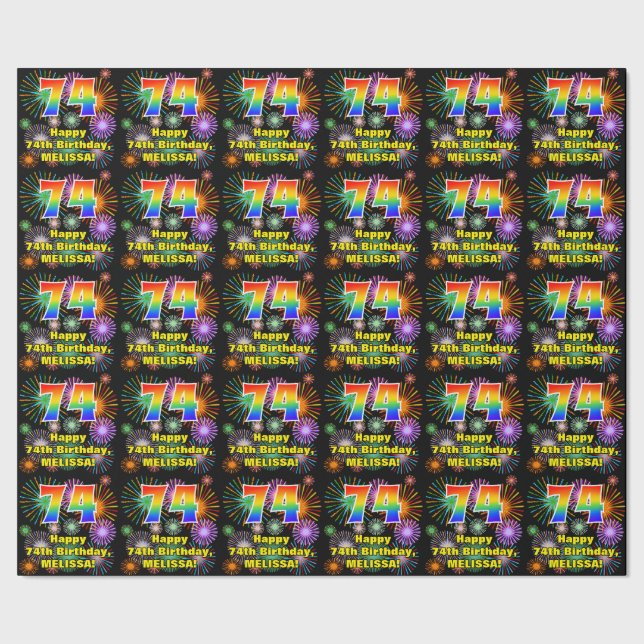 74th Birthday: Fun Fireworks, Rainbow Look # “74” Wrapping Paper (Seam)