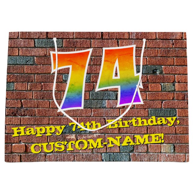74th Birthday: Fun, Graffiti-Inspired Rainbow # 74 Large Gift Bag (Front)