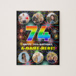 [ Thumbnail: 74th Birthday: Fun Rainbow #, Custom Name + Photos Jigsaw Puzzle ]
