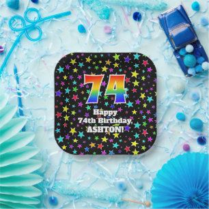 74th Birthday: Fun Stars Pattern and Rainbow “74” Paper Plates