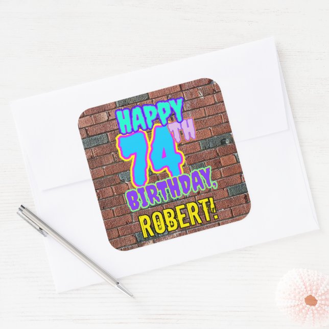 74th Birthday – Fun, Urban Graffiti Inspired Look Square Sticker (Envelope)
