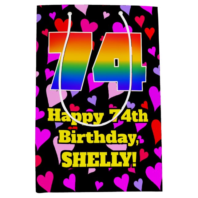 74th Birthday: Loving Hearts Pattern, Rainbow # 74 Medium Gift Bag (Front)