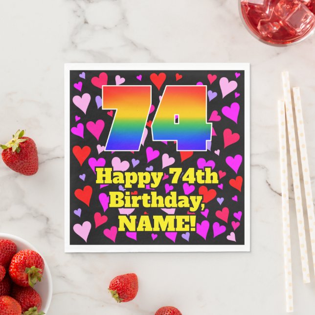 74th Birthday: Loving Hearts Pattern, Rainbow # 74 Napkins (Insitu)