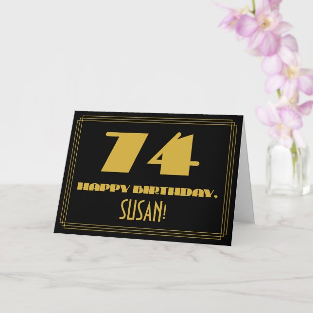 74th Birthday: Name + Art Deco Inspired Look "74" Card (Orchid)