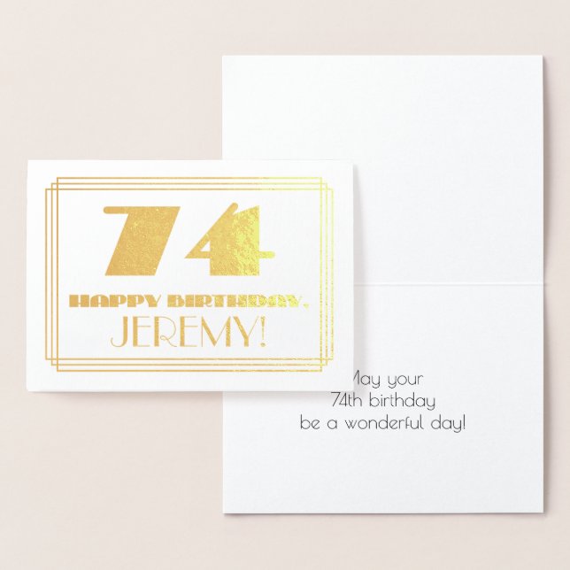 74th Birthday; Name + Art Deco Inspired Look "74" Foil Card (Display)