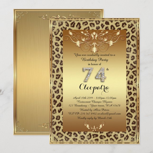 74th, Birthday Party 74th, Royal Cheetah gold plus Invitation (Front/Back)