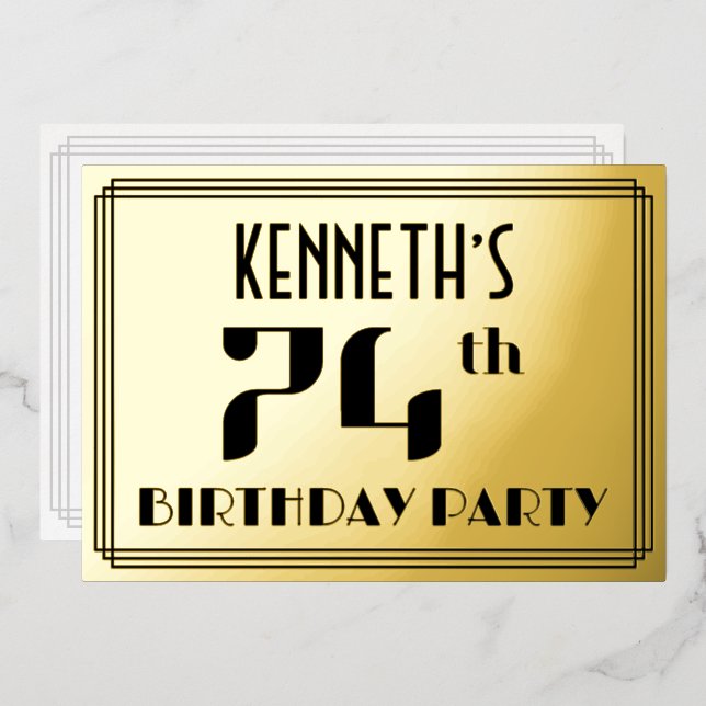 74th Birthday Party: Art Deco Look “74” and Name Foil Invitation (Front/Back)