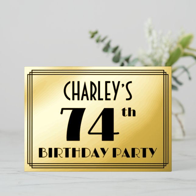 74th Birthday Party — Art Deco Look “74” + Name Foil Invitation (Standing Front)