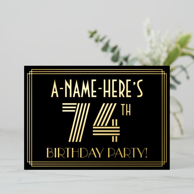 74th Birthday Party — Art Deco Style “74” + Name Foil Invitation (Standing Front)