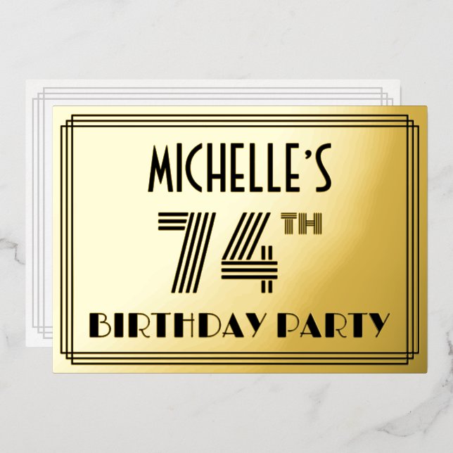 74th Birthday Party — Art Deco Style “74” & Name Foil Invitation (Front/Back)