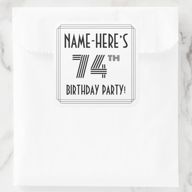 74th Birthday Party: Art Deco Style + Custom Name Square Sticker (Bag)