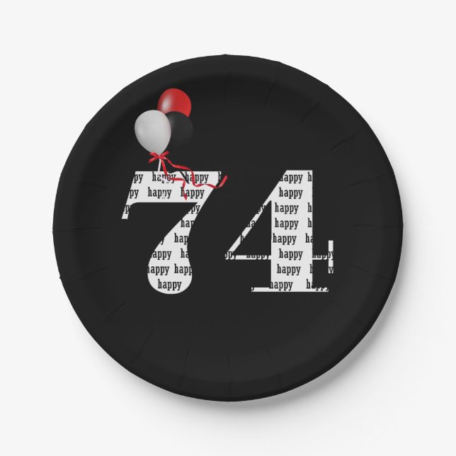 74th birthday party balloons paper plates (Front)