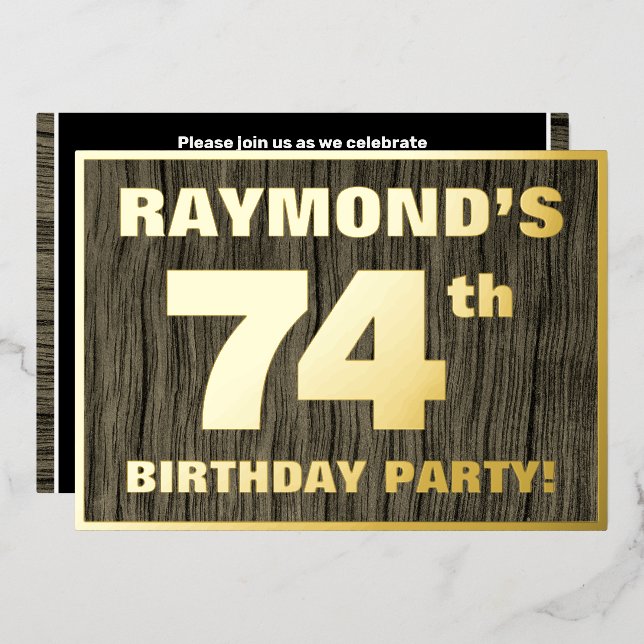 74th Birthday Party: Bold, Faux Wood Grain Pattern Foil Invitation (Front/Back)