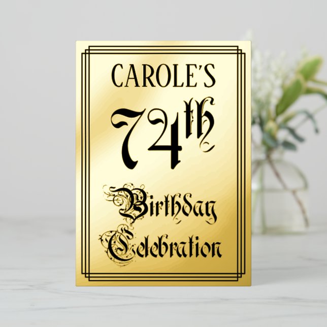 74th Birthday Party — Elegant Script + Custom Name Foil Invitation (Standing Front)
