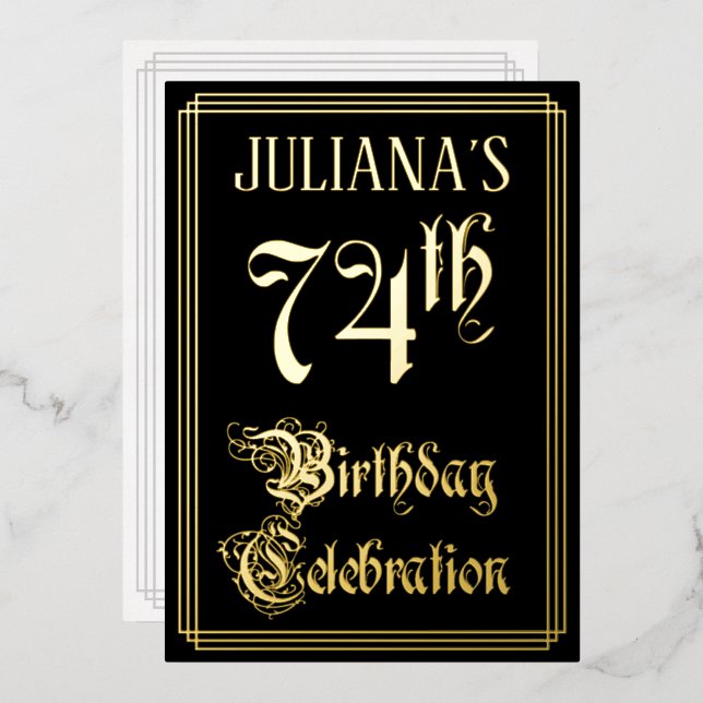 74th Birthday Party — Fancy Script & Custom Name Foil Invitation (Front/Back)