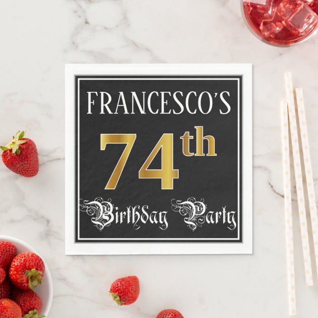 74th Birthday Party — Fancy Script, Faux Gold Look Napkins (Insitu)