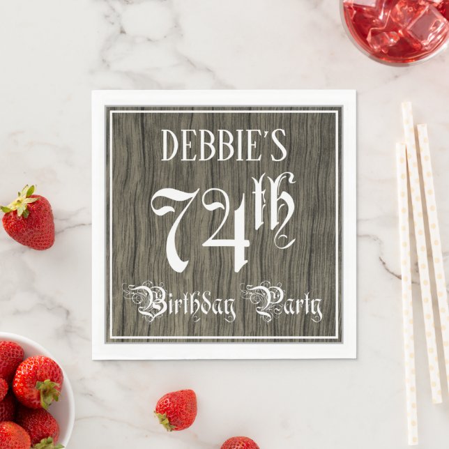 74th Birthday Party — Fancy Script, Faux Wood Look Napkins (Insitu)