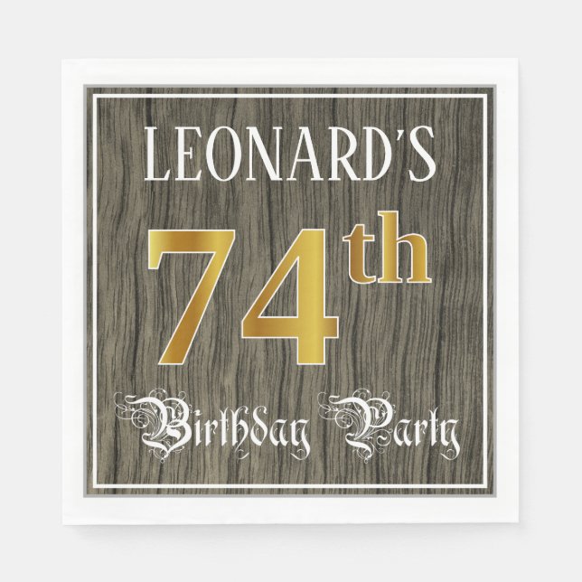 74th Birthday Party — Faux Gold & Faux Wood Looks Napkins (Front)