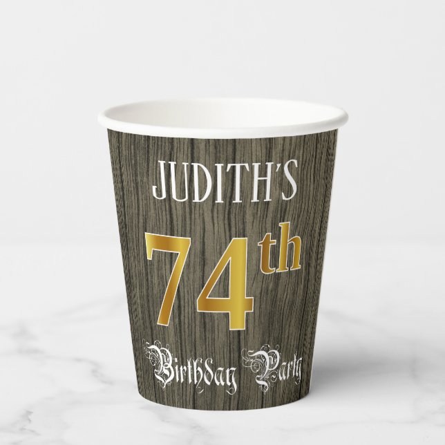 74th Birthday Party — Faux Gold & Faux Wood Looks Paper Cups (Back)