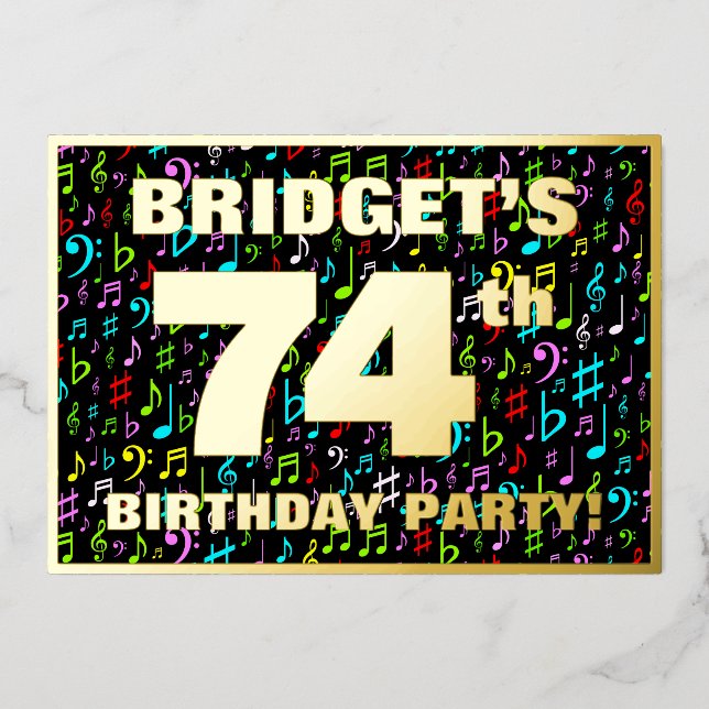 74th Birthday Party — Fun, Colorful Music Symbols Foil Invitation (Front)