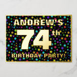 [ Thumbnail: 74th Birthday Party — Fun, Colorful Stars Pattern Invitation ]