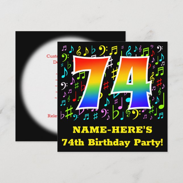 74th Birthday Party: Fun Music Symbols, Rainbow 74 Invitation (Front/Back)
