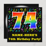 [ Thumbnail: 74th Birthday Party: Fun Music Symbols, Rainbow 74 Invitation ]