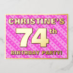 [ Thumbnail: 74th Birthday Party — Fun Pink Hearts and Stripes Invitation ]